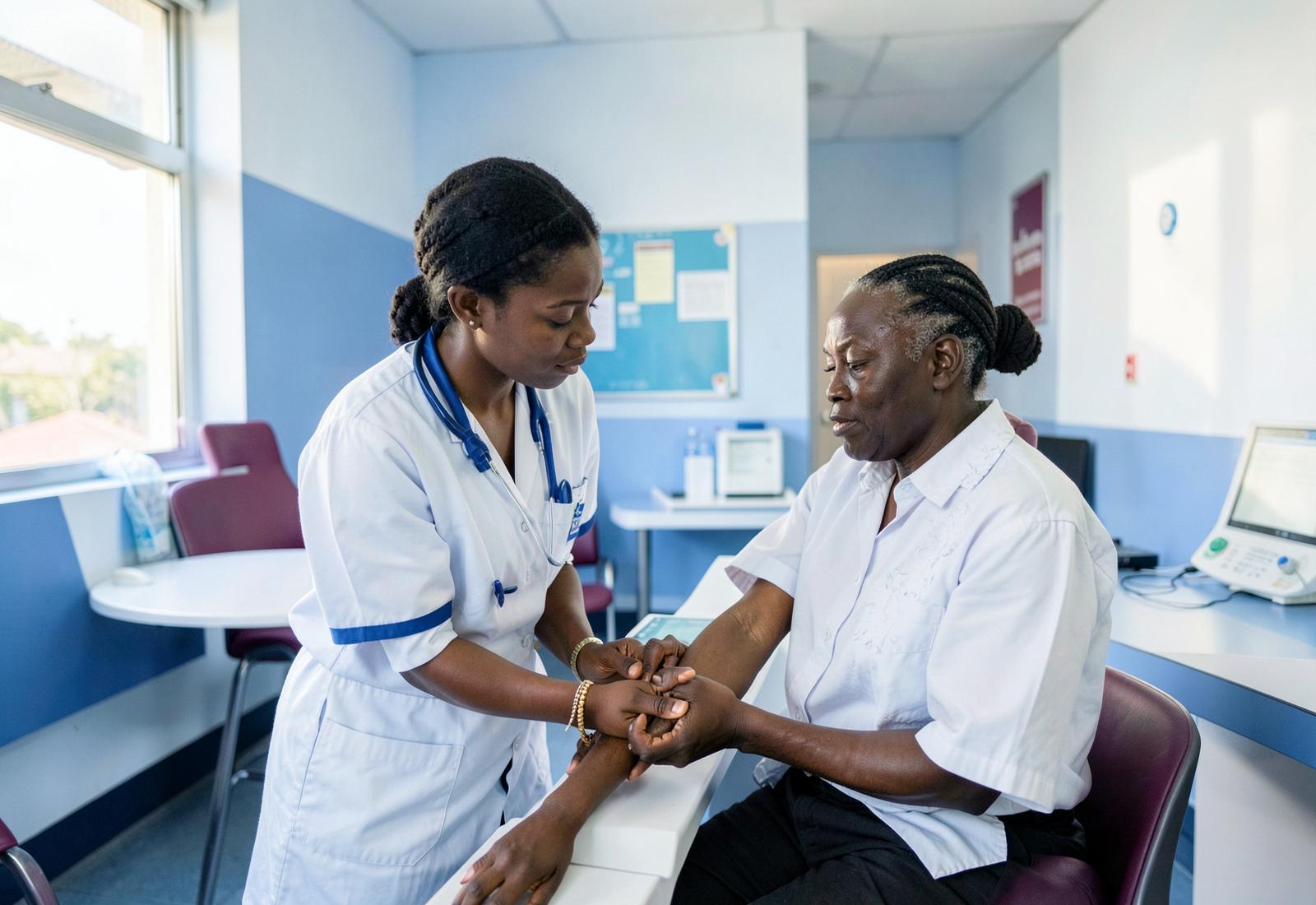 Clinician supporting a patient during a routine check
