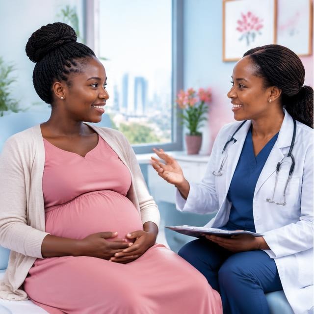 Expectant mother speaking with an antenatal clinician