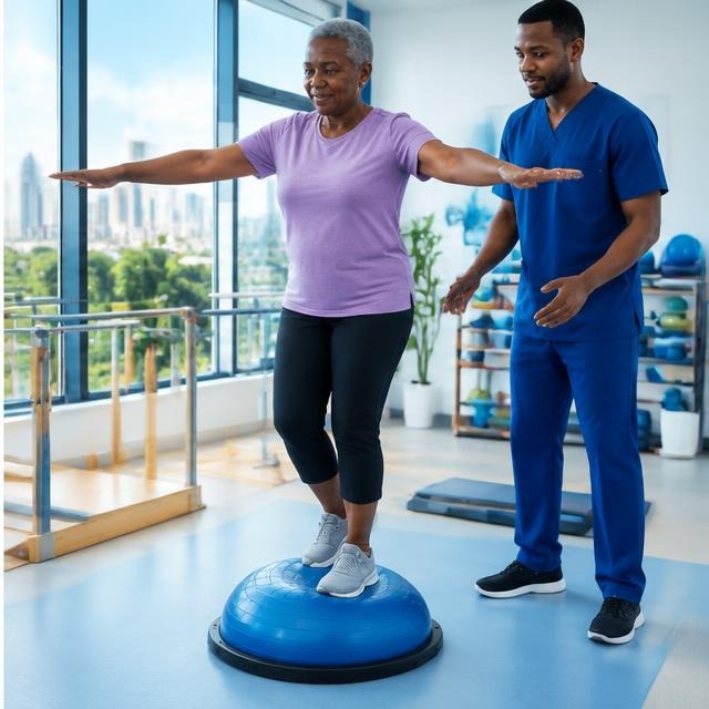 Patient practising balance with a physiotherapist