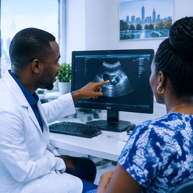 Clinician discussing an ultrasound image with a patient