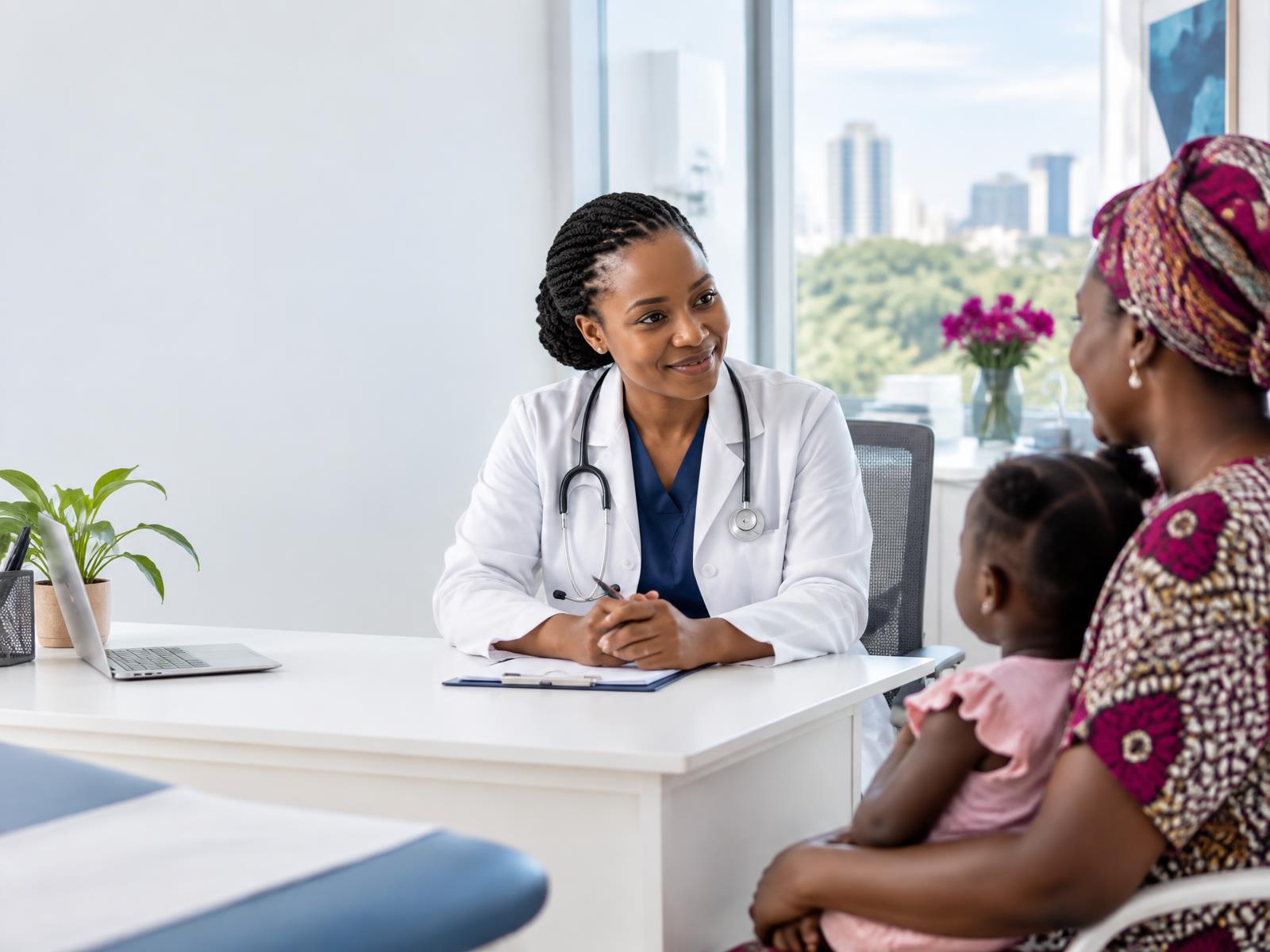 Clinician speaking with a mother and child
